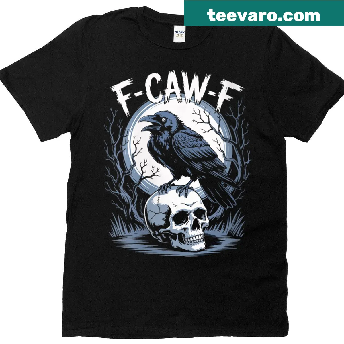 Funny T-shirt with black crow and moon design featuring humorous text — on a men's t-shirt