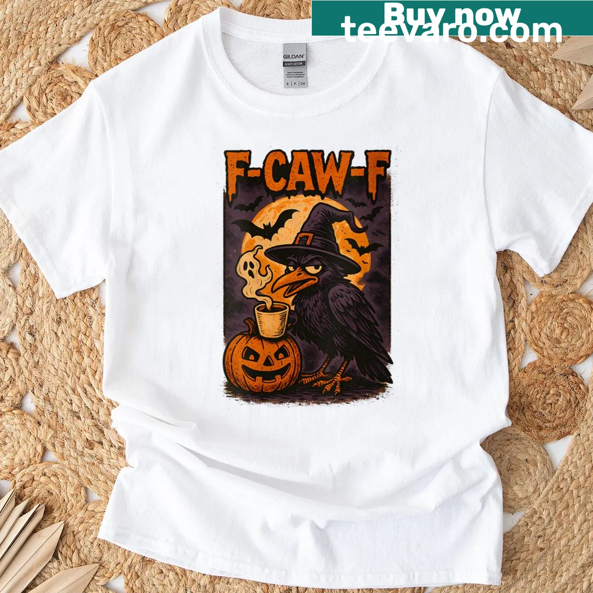 Funny Halloween T-shirt with crow and coffee pun — on a men's t-shirt