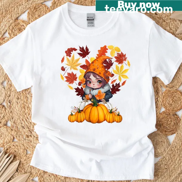 Gnome and pumpkin graphic on fall-themed T-shirt