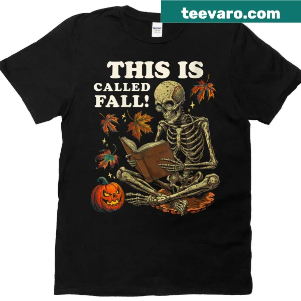 Skeleton reading a book with pumpkins and leaves graphic