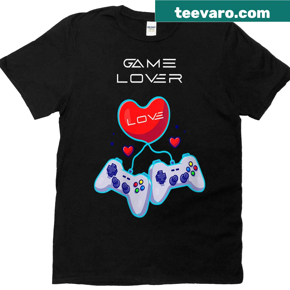 Gamer couple t-shirt with heart and gamepad illustration — on a men's t-shirt