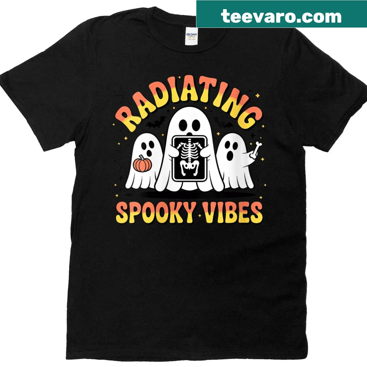 Spooky Halloween t-shirt with a ghost and x-ray skeleton graphic — on a men's t-shirt