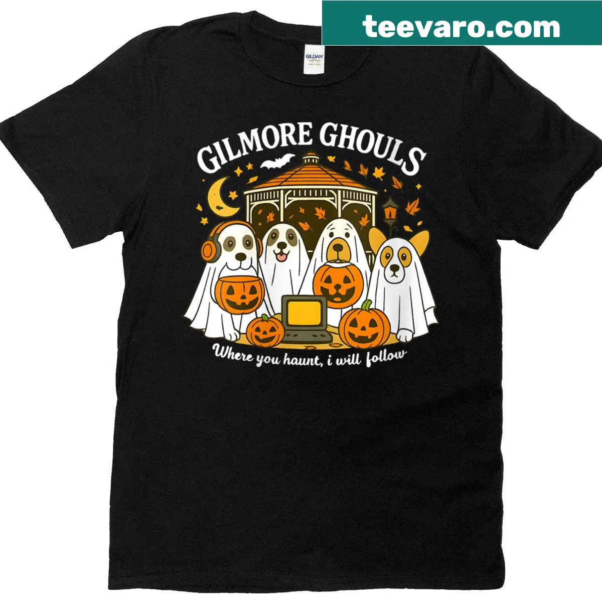 Ghost-themed Gilmore Ghouls Halloween t-shirt with a friendly quote — on a men's t-shirt
