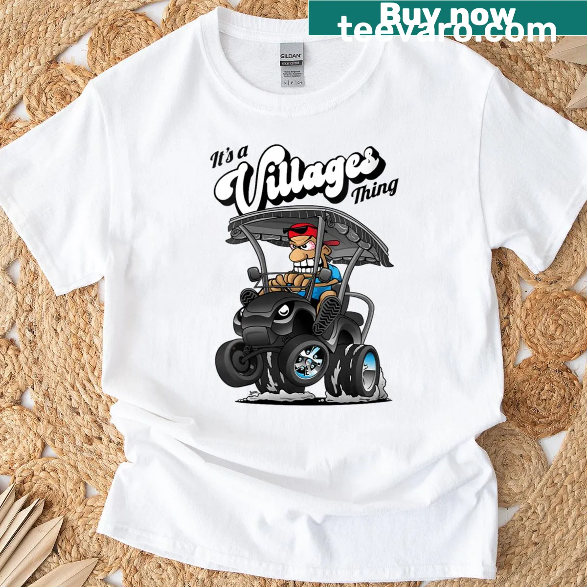 Cartoon golf cart T-shirt for women celebrating golf culture — on a men's t-shirt