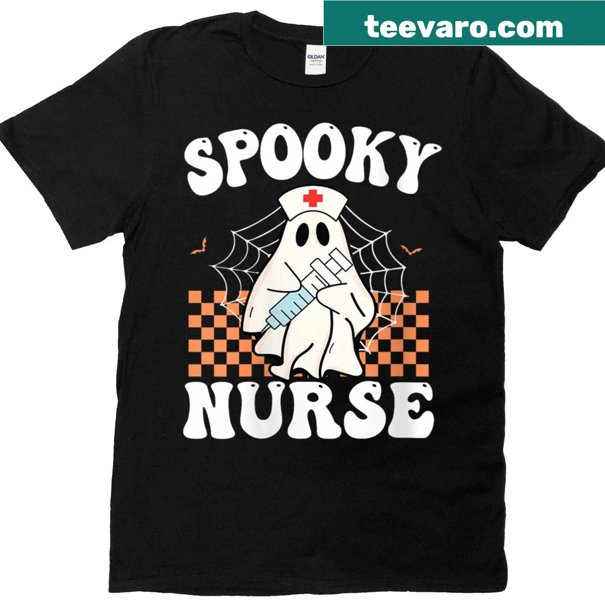 Whimsical ghost graphic T-shirt for nurses celebrating Halloween — on a men's t-shirt