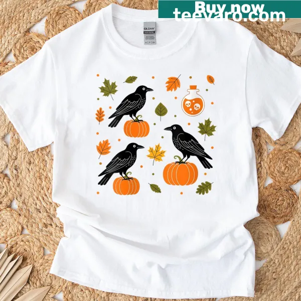 Spooky Halloween T-shirt with crows, pumpkins, and ravens illustration