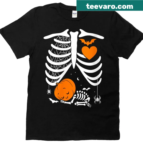 Illustration of a pumpkin rib cage on a pregnant woman Halloween t-shirt