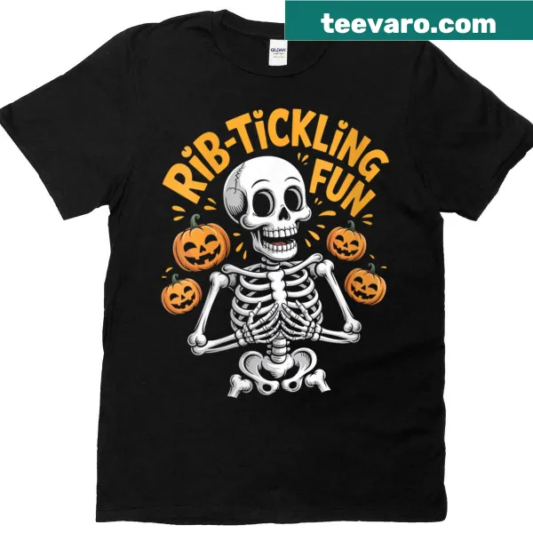 T-shirt with a humorous skeleton and pumpkins graphic for Halloween.