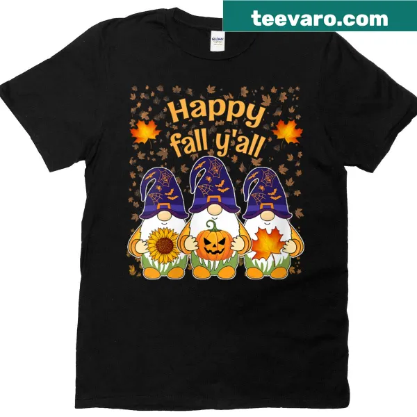 Happy Fall Y'all autumn graphic tee with leaves and gnomes