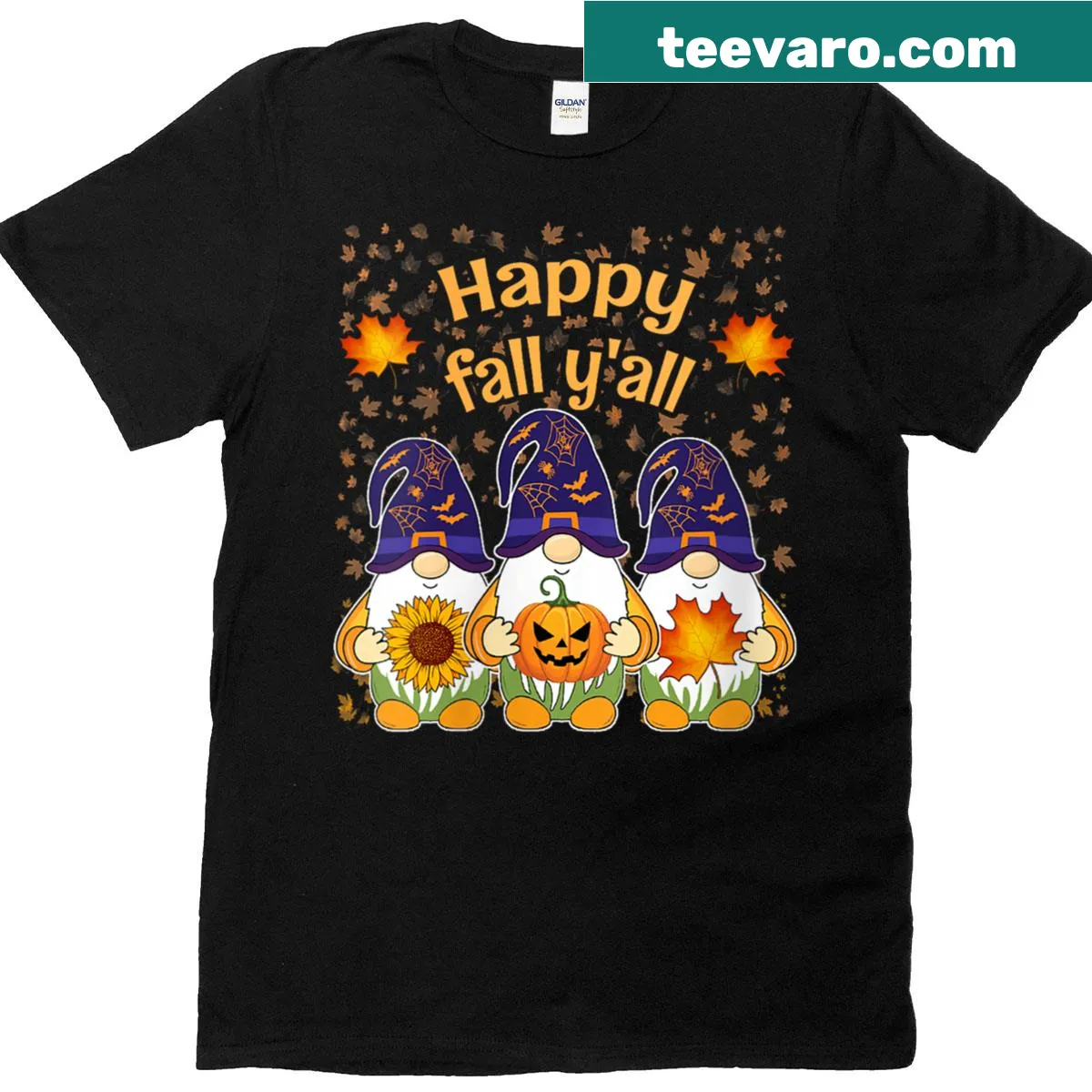 Happy Fall Y'all autumn graphic tee with leaves and gnomes — on a men's t-shirt