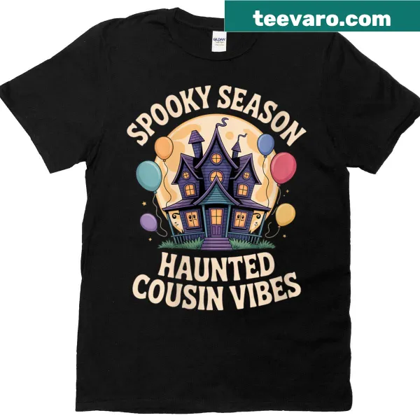 Cute Halloween shirt for kids featuring Haunted Cousin Vibes graphic