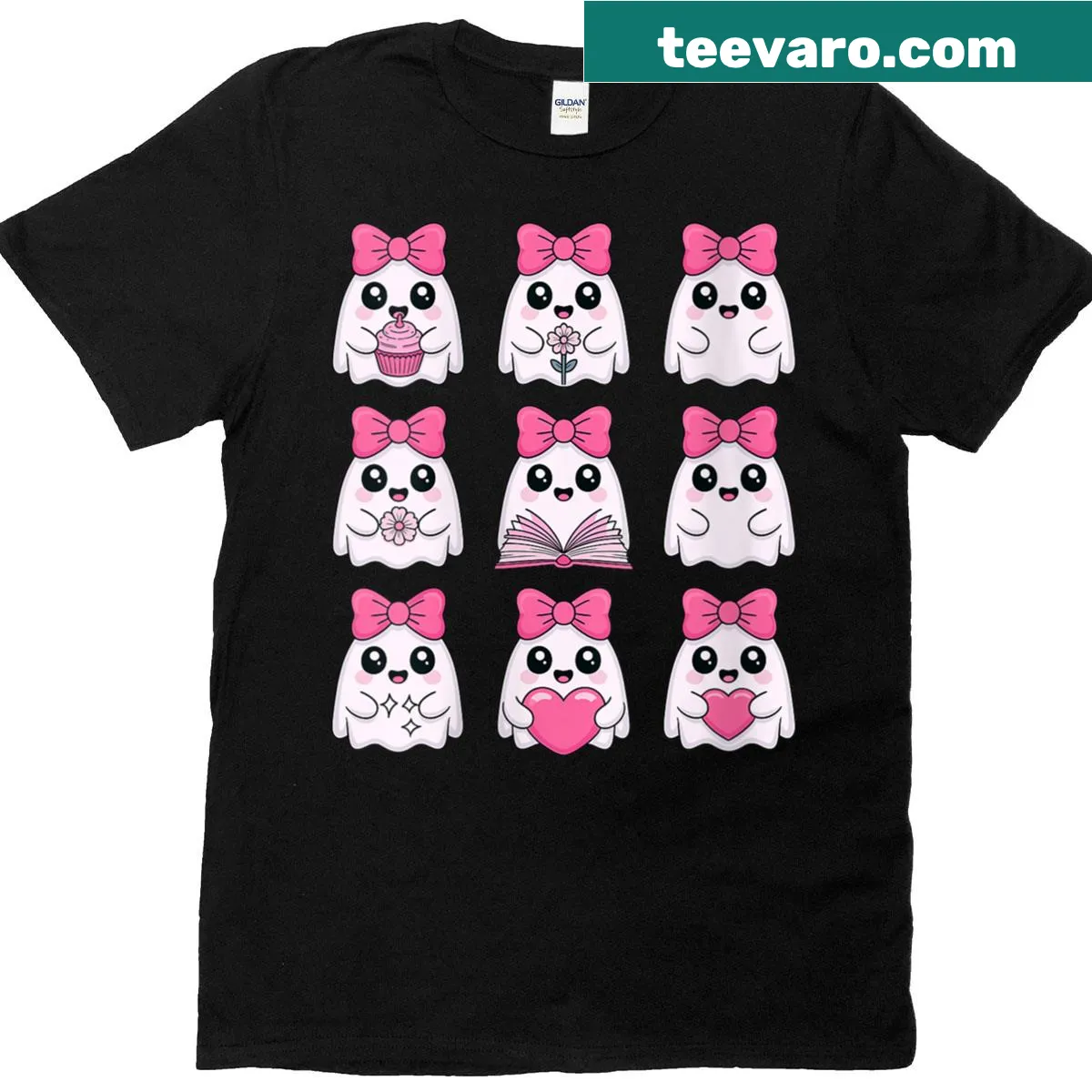 Cute Halloween t-shirt featuring a kawaii ghost with a pink bow — on a men's t-shirt