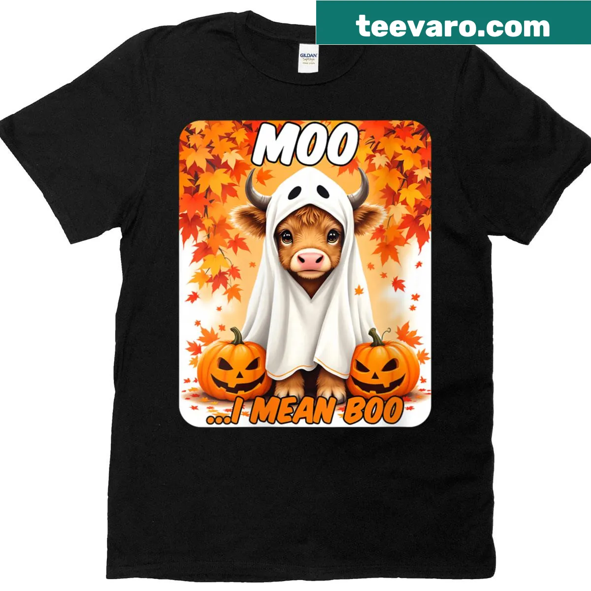 Funny ghost Highland cow Halloween T-shirt — on a men's t-shirt