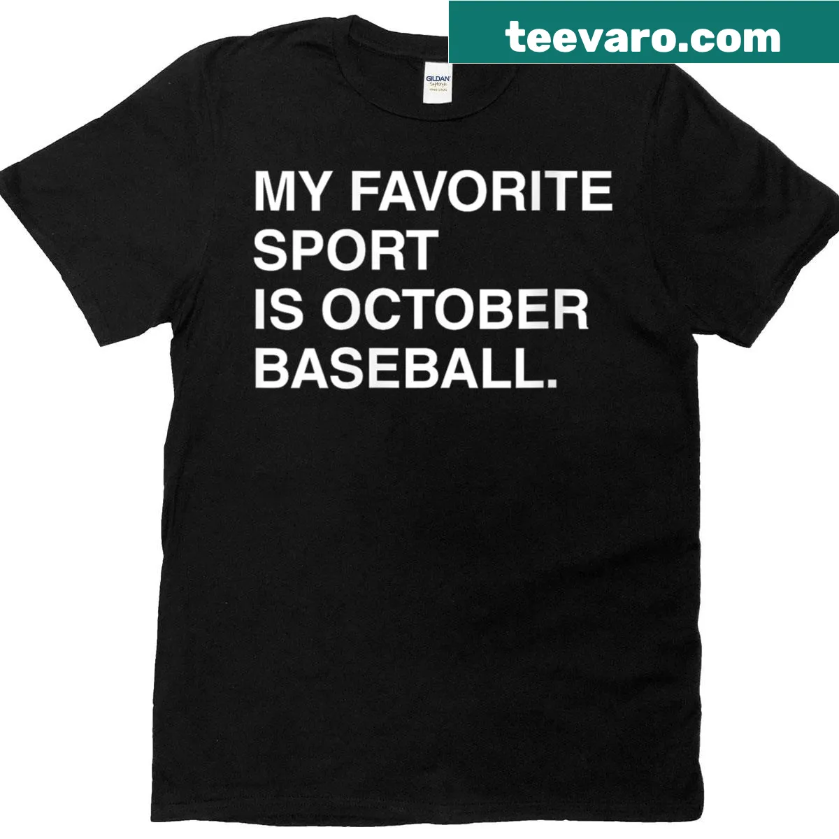 October baseball theme graphic T-shirt — on a men's t-shirt