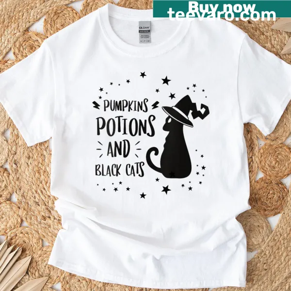 Halloween-themed T-shirt with pumpkins, potions, and black cats