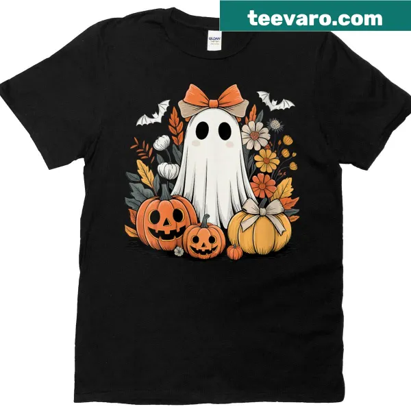 Retro-style T-shirt featuring a cute ghost and pumpkin design
