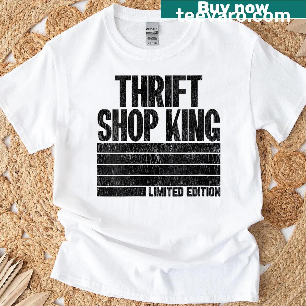 Vintage stripe thrift shopping graphic t-shirt — on a men's t-shirt
