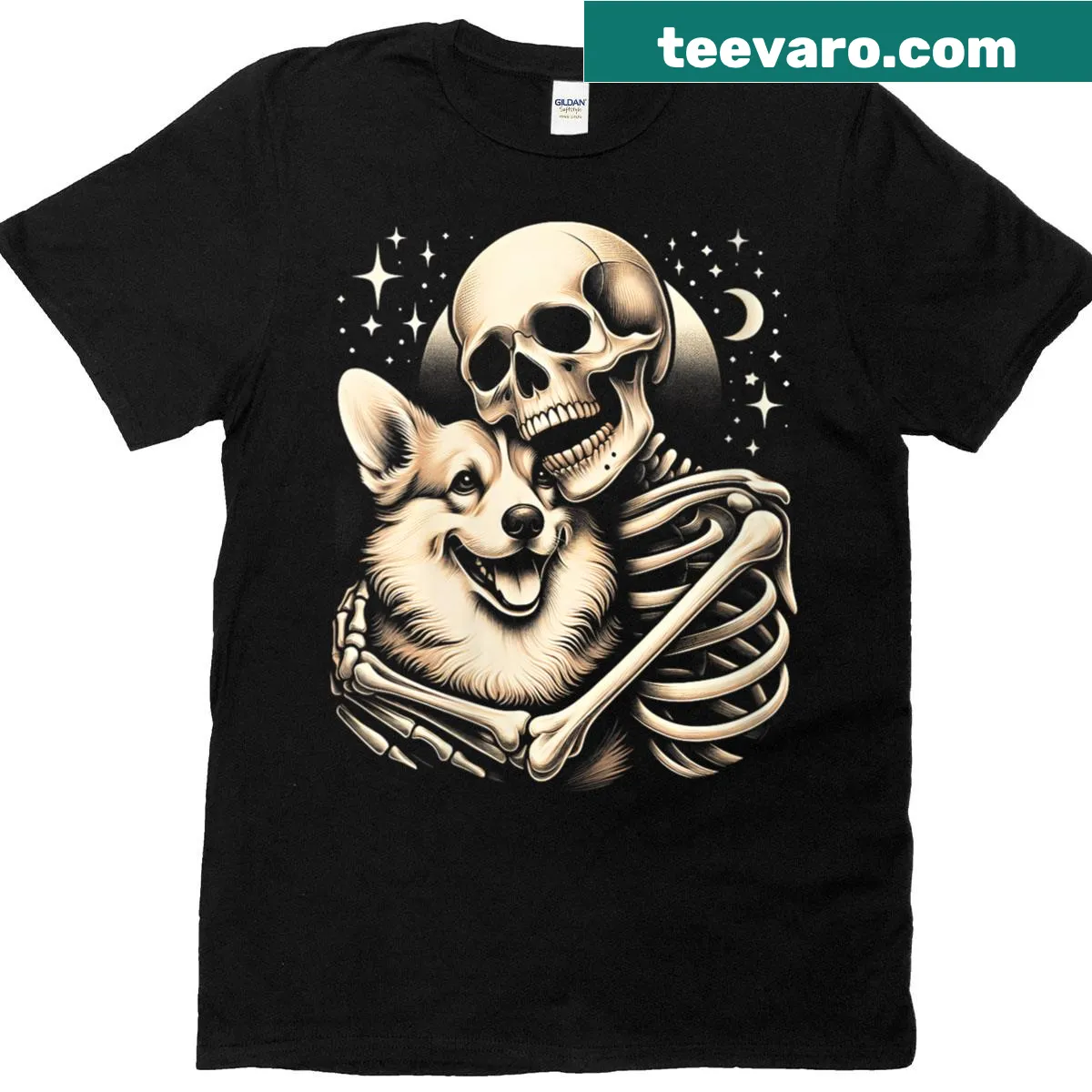 Skeleton hugging a corgi Halloween t-shirt — on a men's t-shirt