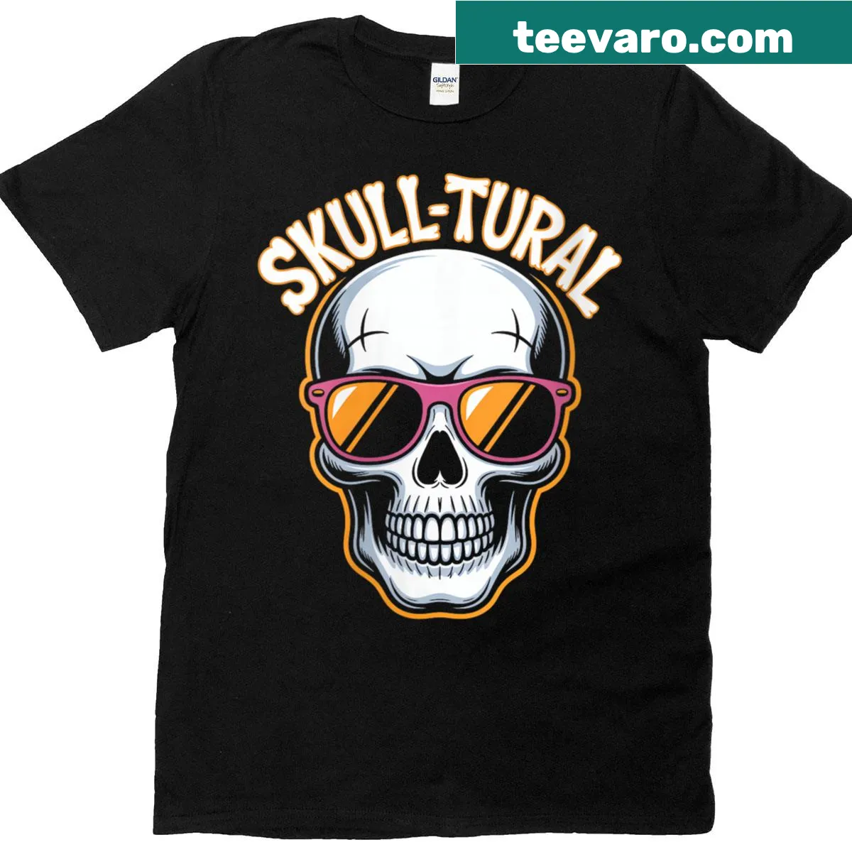 Skull with sunglasses Halloween T-shirt illustration — on a men's t-shirt
