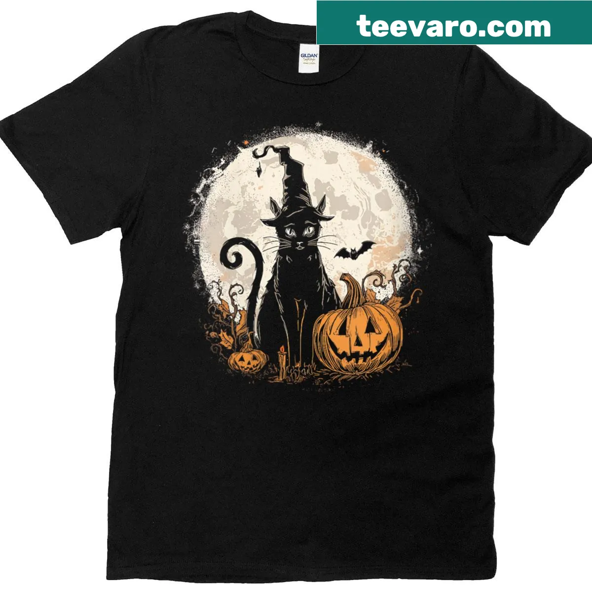 Womens Halloween T-shirt featuring a black cat and pumpkin graphic — on a men's t-shirt