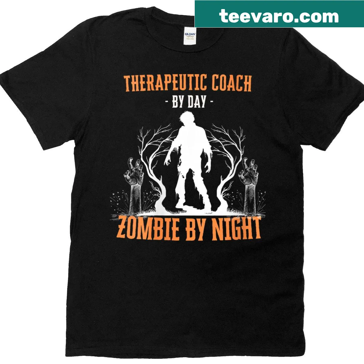 Funny Halloween shirt with coach and zombie text — on a men's t-shirt