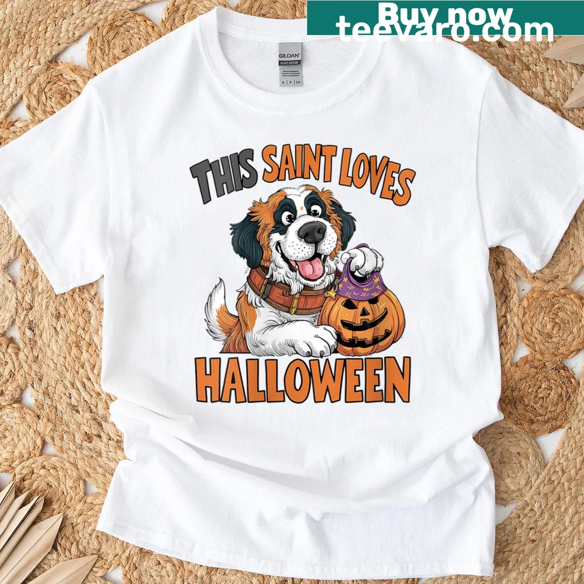 Illustration of a Saint Bernard in Halloween attire with text — on a men's t-shirt