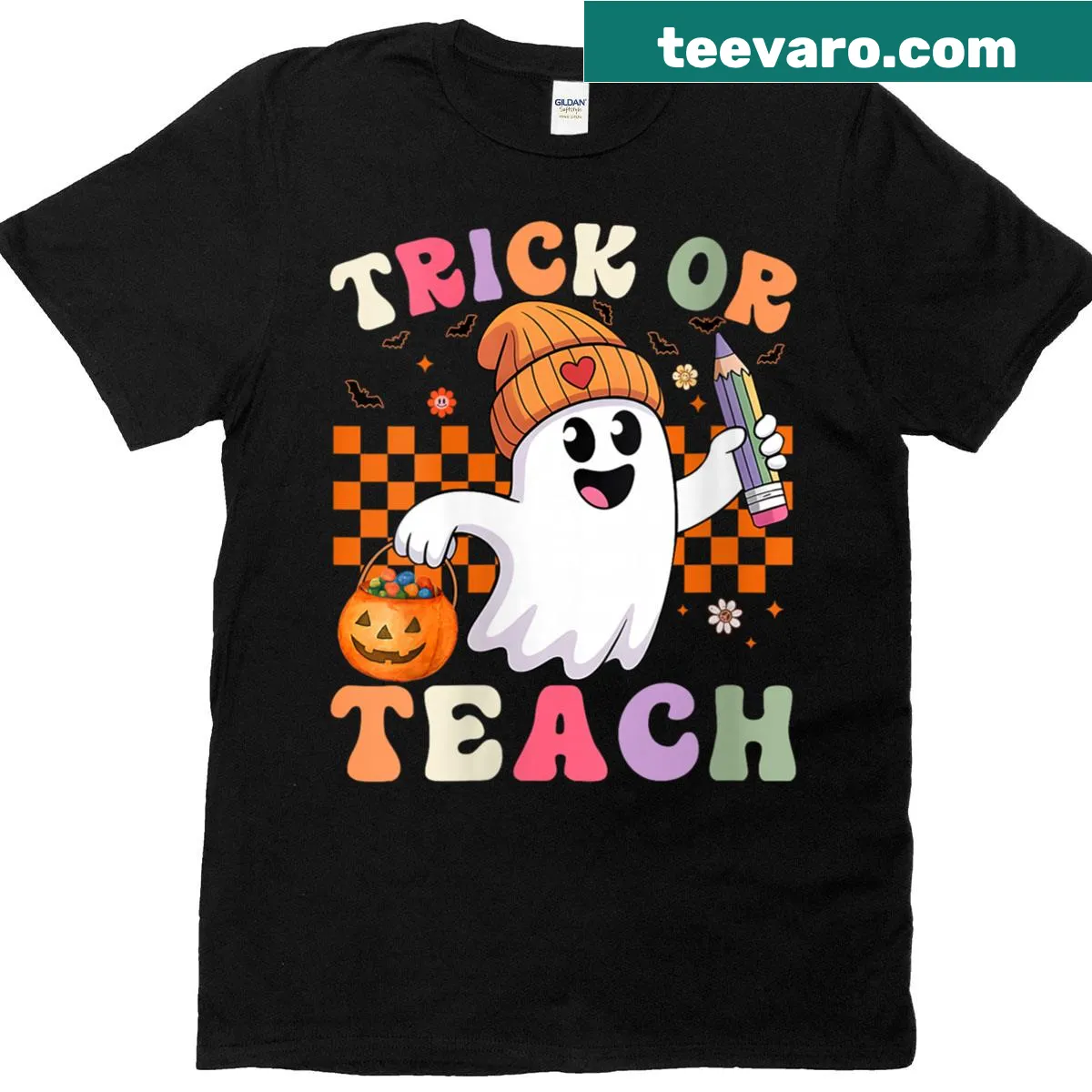 Funny teacher t-shirt with 'Trick Or Teach' and ghost graphic — on a men's t-shirt