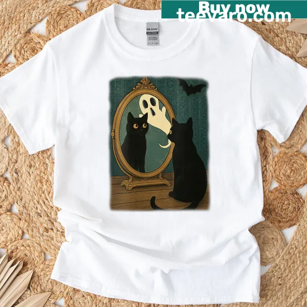 Vintage Halloween T-shirt with a black cat and ghost in a mirror