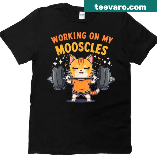 Cat-themed funny workout t-shirt with cartoon cat lifting weights