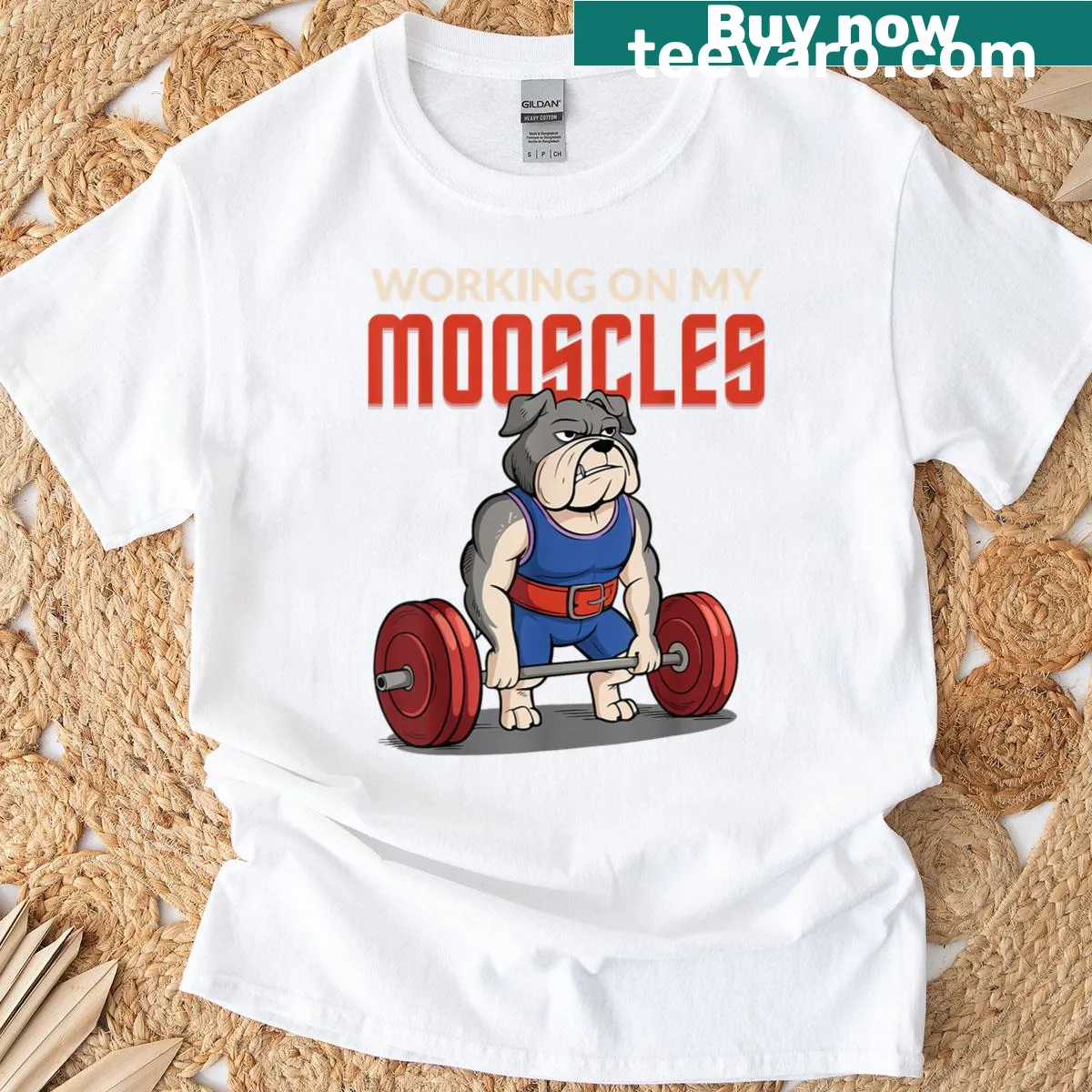 Funny weightlifting-themed tee featuring a bulldog — on a men's t-shirt