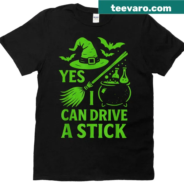 Halloween T-shirt with a broomstick graphic and humorous text