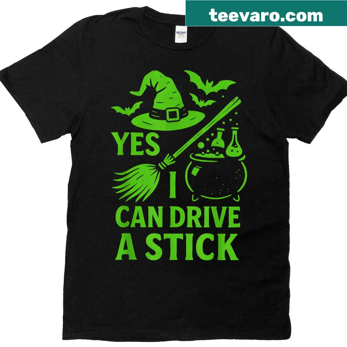Halloween T-shirt with a broomstick graphic and humorous text — on a men's t-shirt