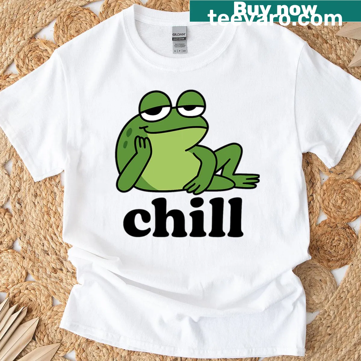 Chill vibes T-shirt featuring a zen frog on a log illustration — on a men's t-shirt