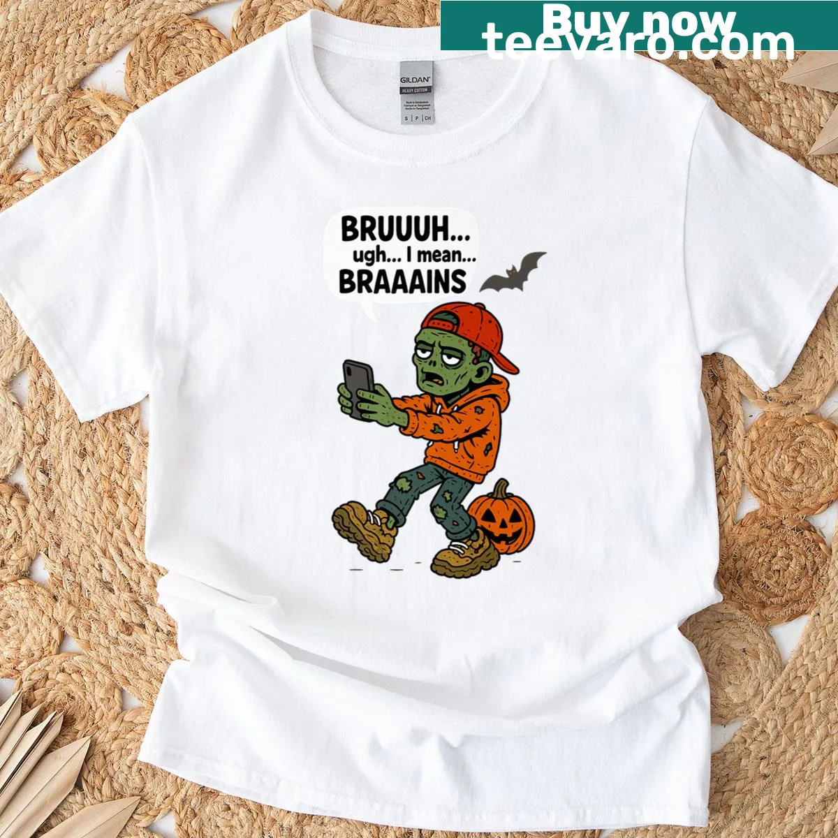 Funny zombie pumpkin graphic t-shirt for Halloween — on a men's t-shirt