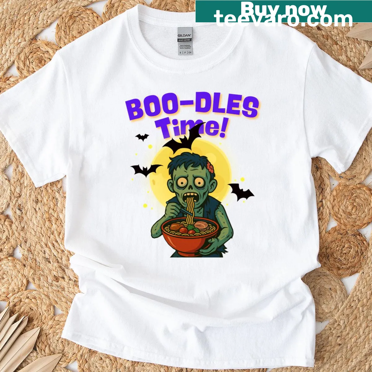 Funny zombie slurping noodles graphic t-shirt — on a men's t-shirt