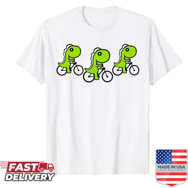 Graphic of three dinosaurs riding bicycles on a shirt