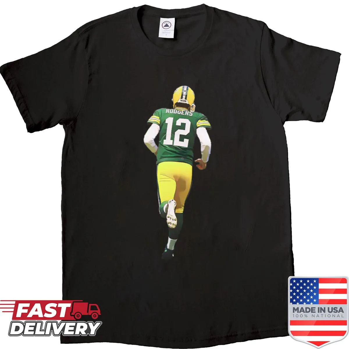 Graphic of Aaron Rodgers making a tunnel run on a shirt.