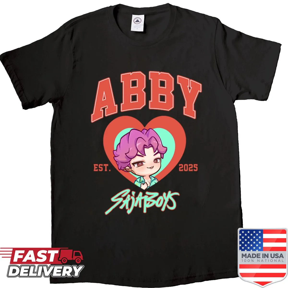 Chibi design shirt featuring adorable characters from Sajaboys 2025