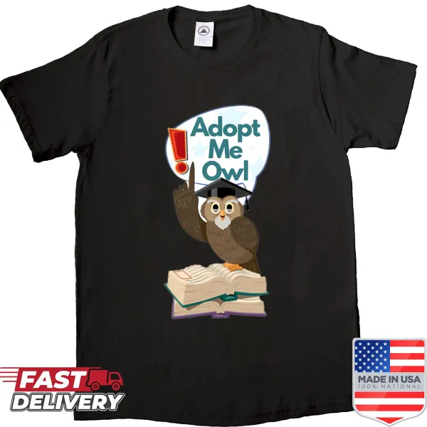 Cute owl graphic inviting adoption on a kids shirt