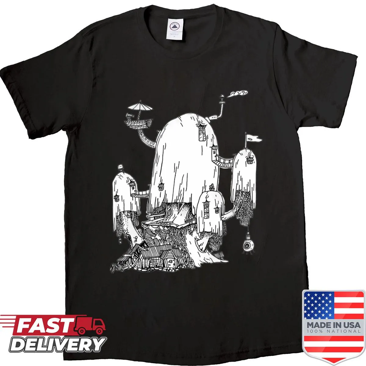 Hand-drawn Adventure Time treehouse graphic on a T-shirt