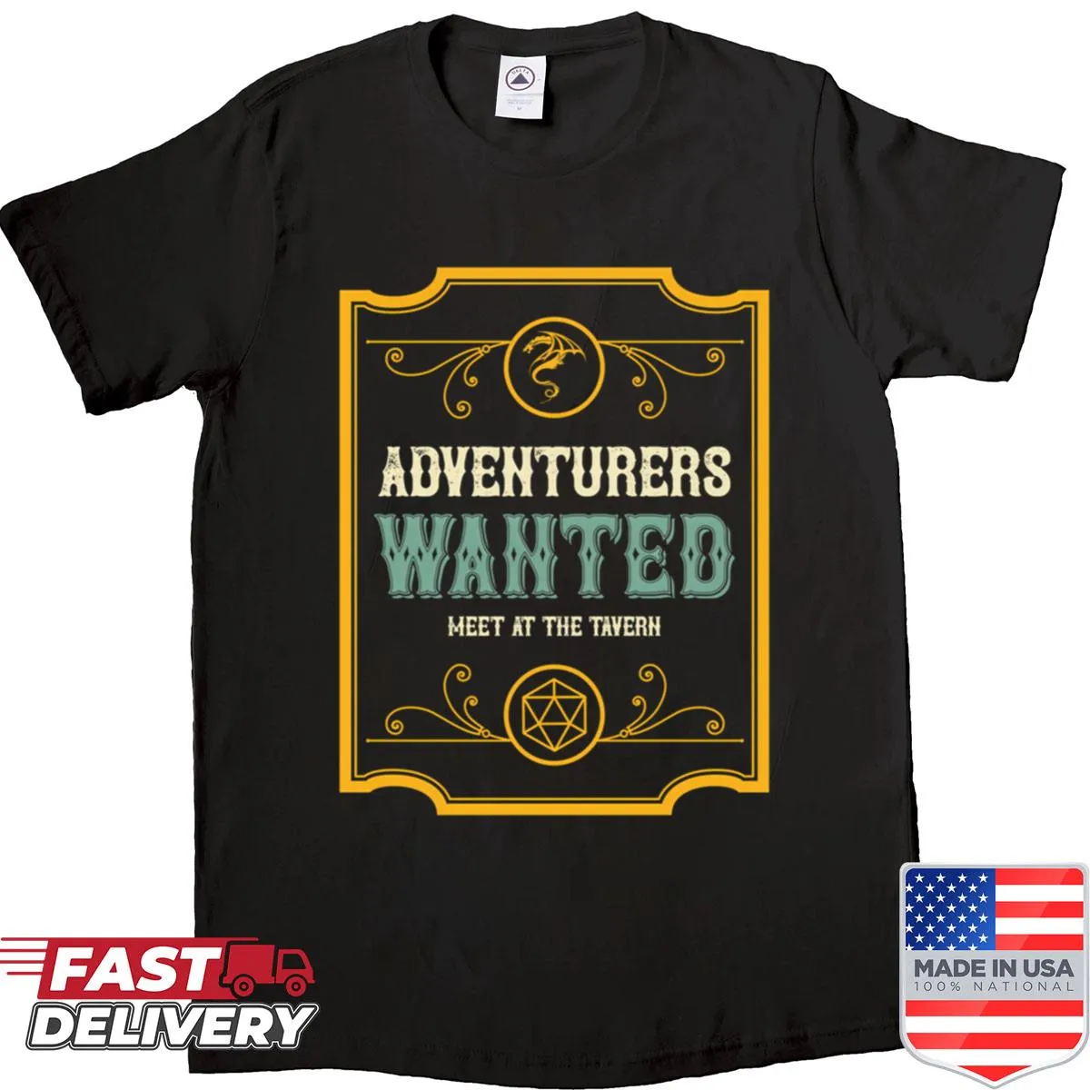 Vintage T-shirt with an adventurous phrase inviting explorers to meet at the tavern.