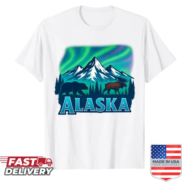 Nature-themed shirt with Alaska's northern lights, mountains, bear, and moose