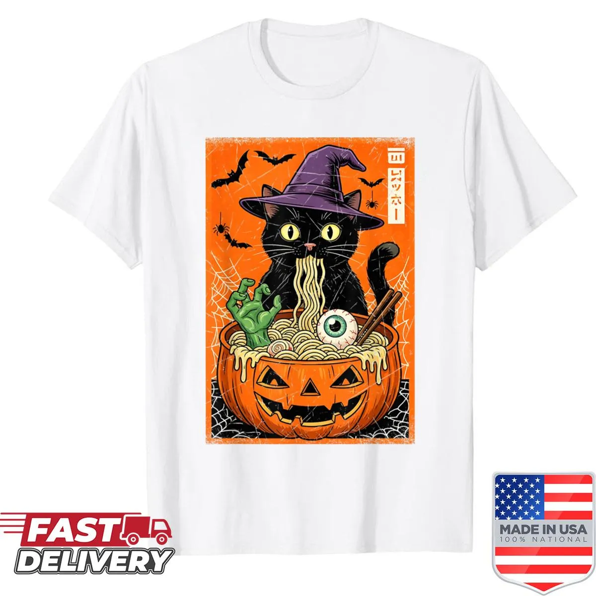 Kawaii graphic shirt with a cartoon cat and ramen for Halloween