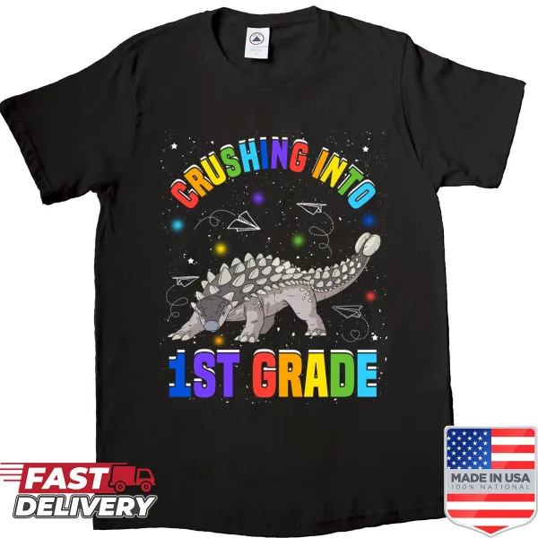 Illustration of Ankylosaurus dinosaur on a science-themed shirt.