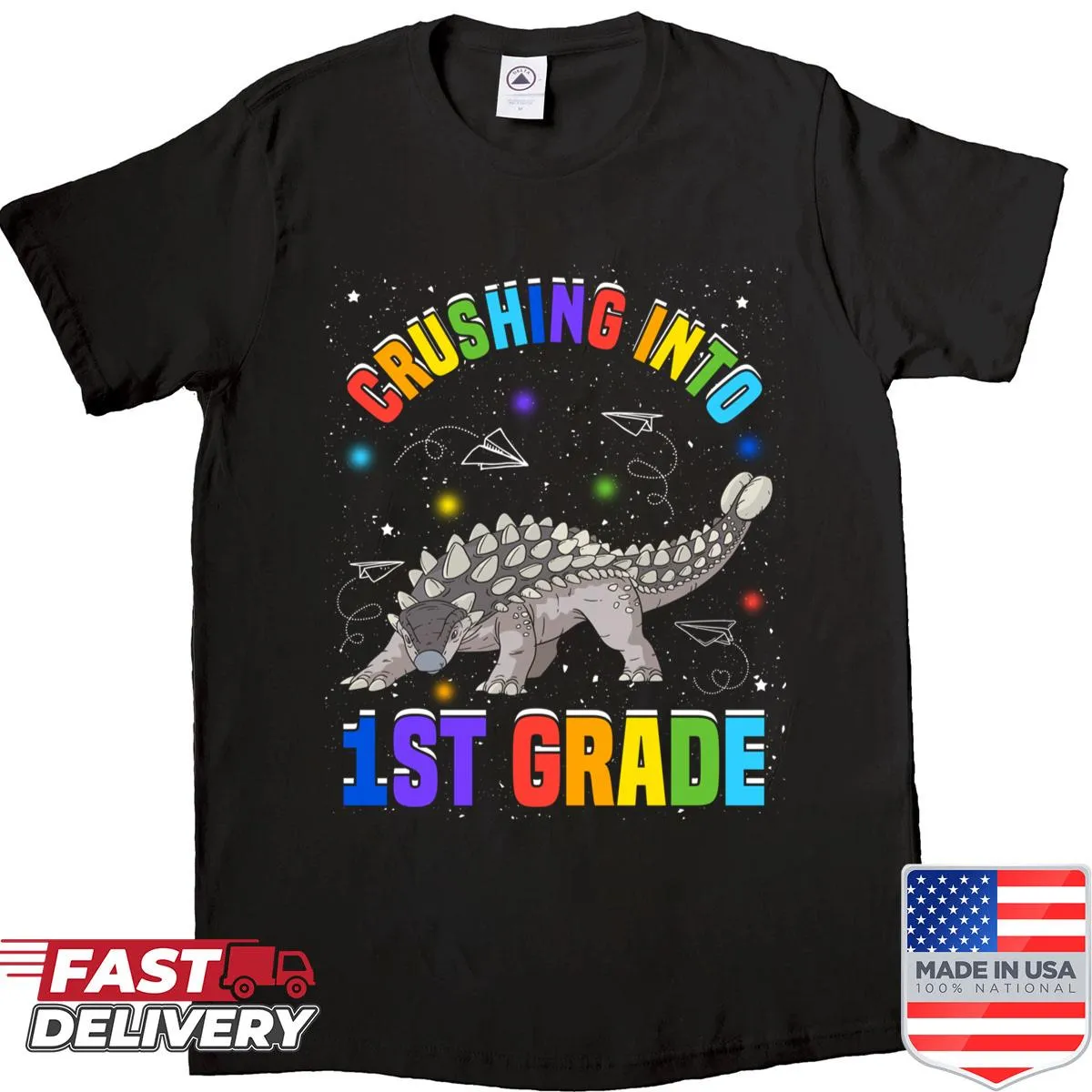 Illustration of Ankylosaurus dinosaur on a science-themed shirt.