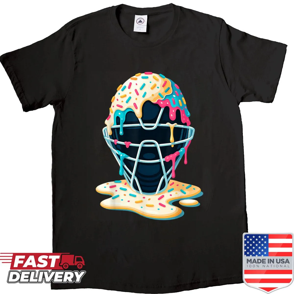 Youth T-shirt with baseball catcher mask and ice cream graphic
