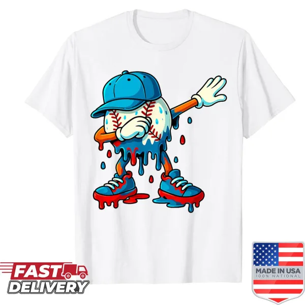 Cartoon ice cream dabbing in baseball gear on a kids shirt.