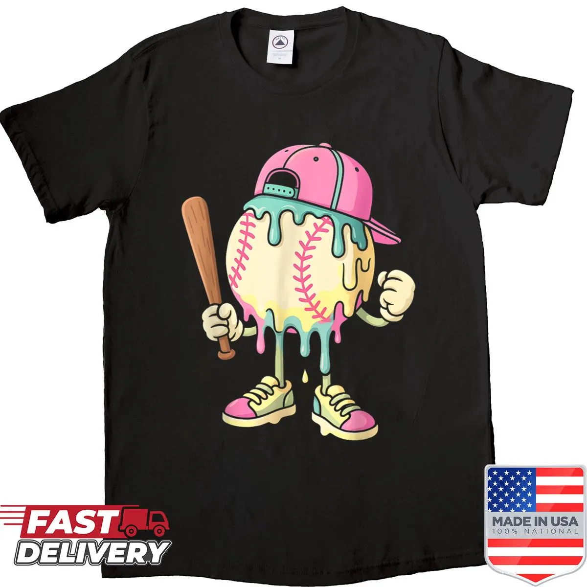 Youth t-shirt with a baseball dripping ice cream graphic