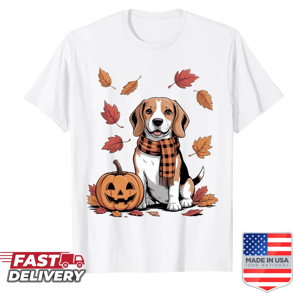 Vintage-style shirt with a beagle and pumpkins for fall