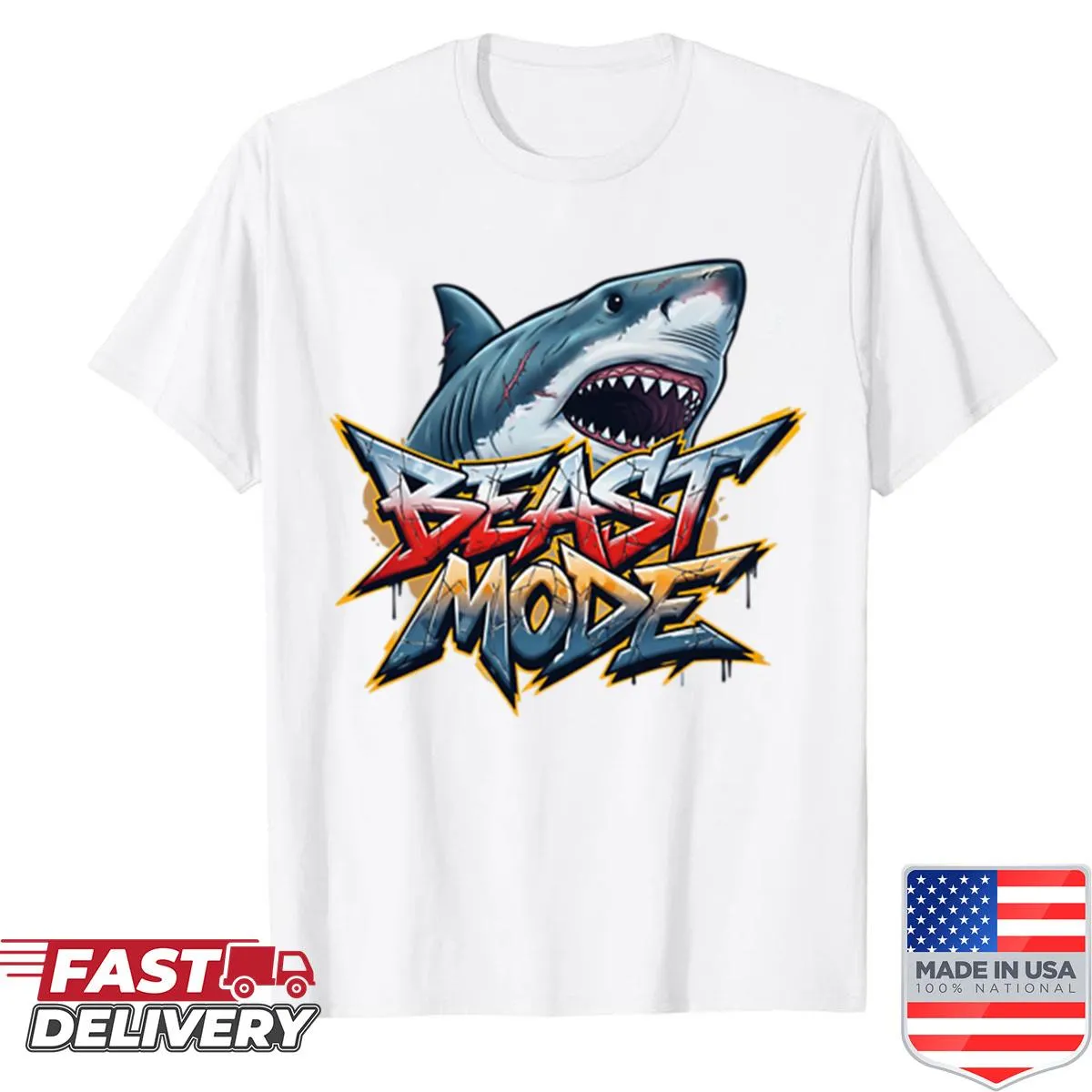 Graffiti style shark graphic on a streetwear t-shirt